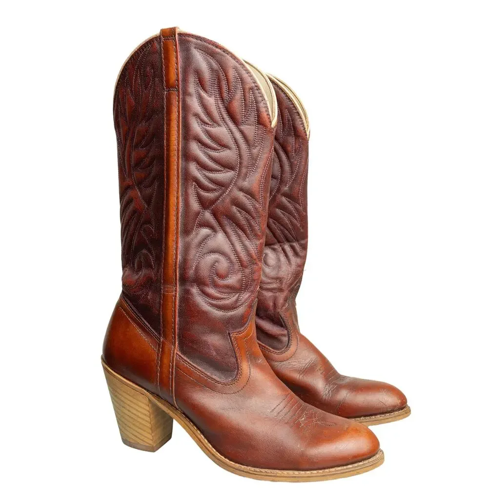 Women's Vintage 80s Dingo Stitched Cowboy Boots With Wooden Heels - Sz 8 - Picture 8 of 13